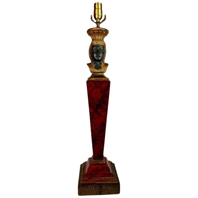 Egyptian Revival Carved Wood Faux Finish Lamp in Reds & Blacks-1920s For Sale
