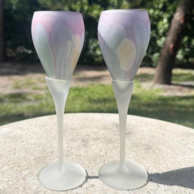 Late 20th Century Art Nouveau Hand Painted Watercolor Frosted Wine Glasses by Reuven - Set of 8 For Sale - Image 9 of 10