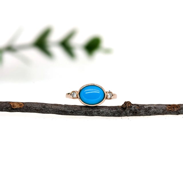 Art Deco 1.5ct Turquoise Ring W Natural Diamond Accents in Solid 14k Yellow Gold For Sale - Image 3 of 6