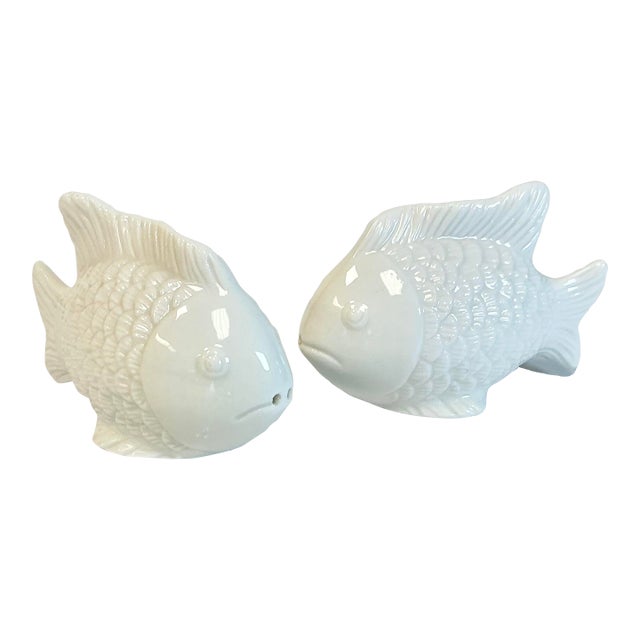 1980s Vintage Coastal Trompe L’Oeil Le BlancPorcelain Fish Salt & Pepper Shakers - A Pair For Sale