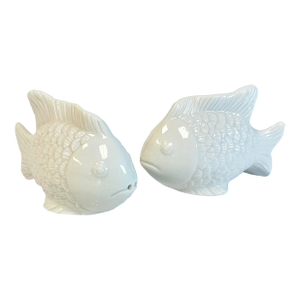 1980s Vintage Coastal Trompe L’Oeil Le BlancPorcelain Fish Salt & Pepper Shakers - A Pair