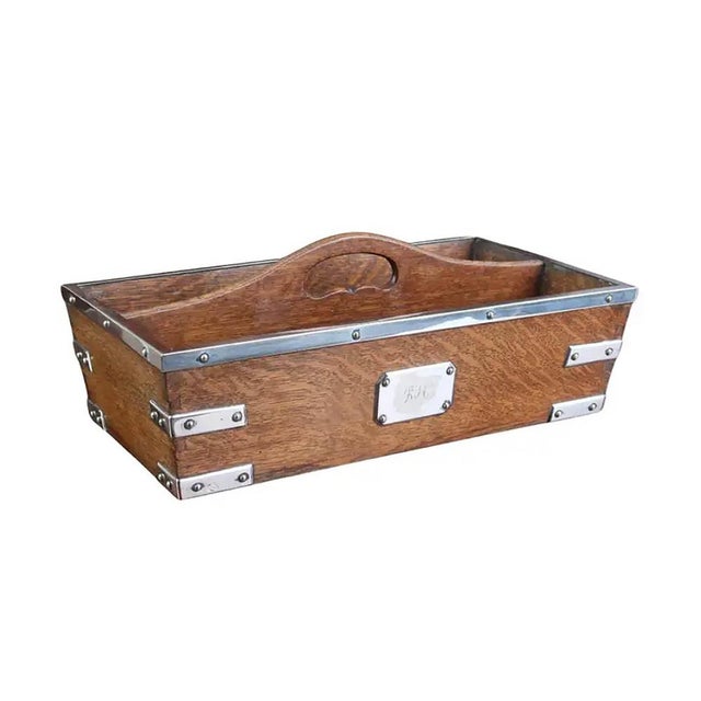 Wood Antique English Oak and Silver Plated Bar Tray, 1910 For Sale - Image 7 of 7