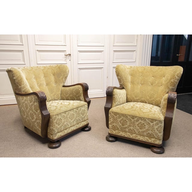 Vintage Swedish Wingback Chairs with Golden Velvet and Carved Oak Armrests, 1920s, Set of 2 For Sale - Image 10 of 11