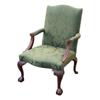 Southwood Mahogany Library Chair With Green Silk Upholstery For Sale
