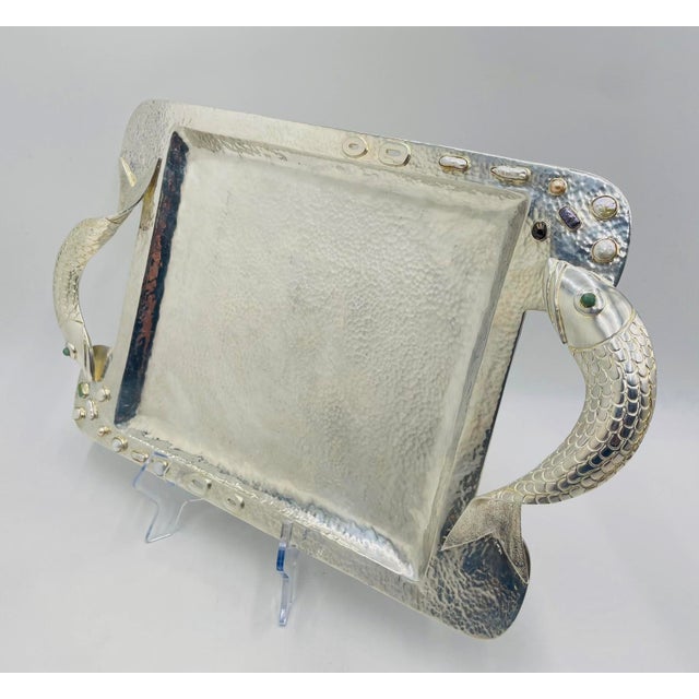Mexican 1980s Emilia Castillo Silver-Plated Serving Tray With Fish Handles & Abalone Inlay For Sale - Image 3 of 18