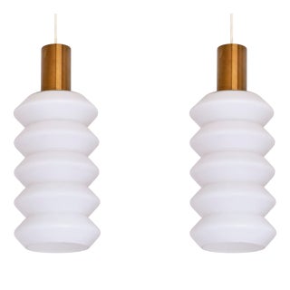 Sculptural Swedish Modern Pendants in Opaline Glass and Brass, 1950s, Set of 2 For Sale