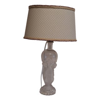 French Table Lamp with Partially Frosted Glass Base, Atlas Motif and Fabric Shade, 1970s For Sale
