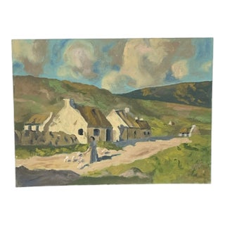 Vintage European Village Landscape Painting on Canvas. For Sale