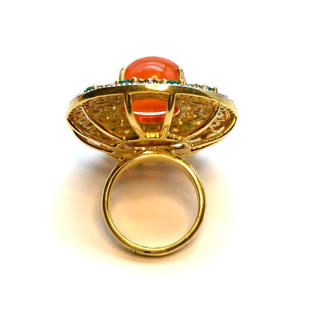 Bochic "Orient" Vintage Natural Orange Opal, Emerald & Diamond Ring Set In 18K & Silver Natural Oval Shape Center Orange...