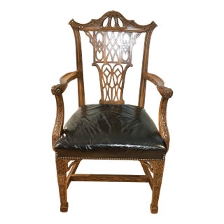 Mid 20th Century Chinese Chippendale Armchair by Century Furniture Co With Original Leather Upholstery For Sale