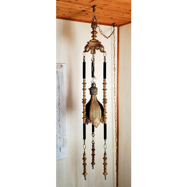 1920s Hollywood Regency 2 Way Staircase Swag Lamp with Gold Leaf Filigree Velvet For Sale - Image 13 of 13