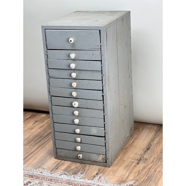 Early 20th Century Antique Primitive Industrial Multidrawer Parts Cabinet With Porcelain Pulls For Sale - Image 5 of 7