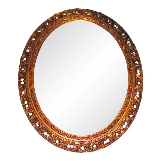 Vintage Ornate Carved Wood and Gesso Oval Frame With Mirror For Sale