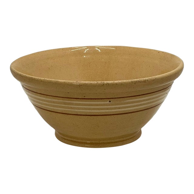 Nice Antique 10 Inch Cream & Brown Color Banded Yellow Ware Kitchen Batter Mixing Bowl Circa Late 1800s For Sale