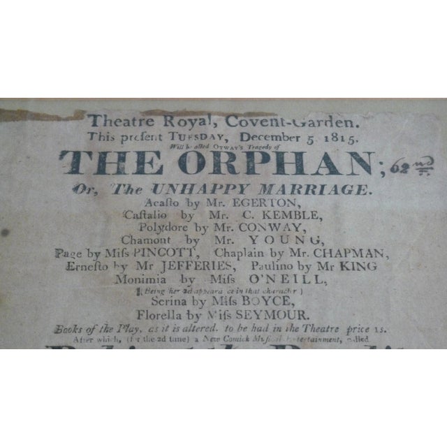 Title: Early 19th Century English Framed Antique Broadside, Theatre Royal, Covent Garden. The Orphan & Bobinet the Bandit....