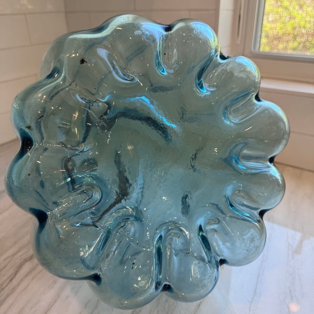 Vintage Sculptural Aqua Blue Glass Demijohn Bottle Large MCM Style Art Glass Vase For Sale - Image 14 of 16