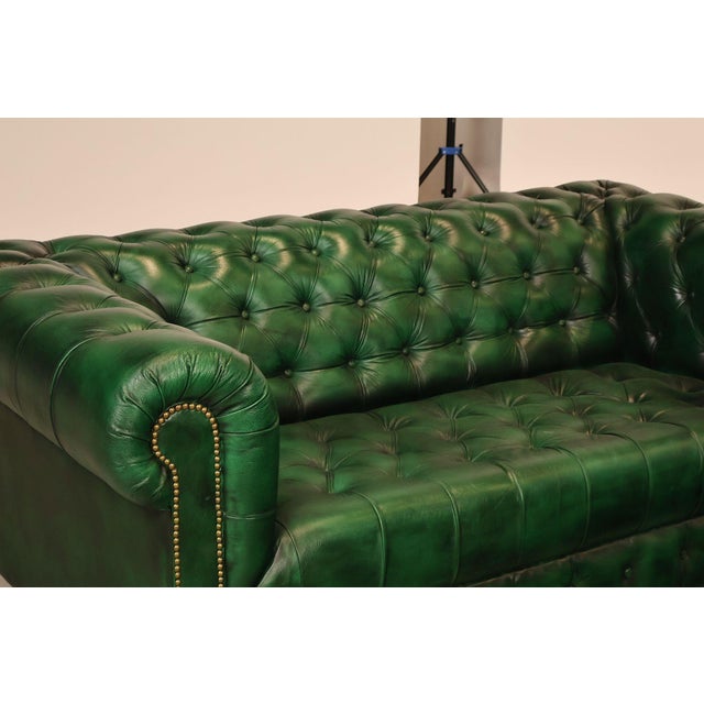 English Chesterfield Style Green Leather Sofa For Sale - Image 3 of 16