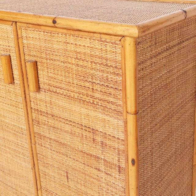 Camel Pair of Mid-Century Bamboo and Grasscloth Cabinets or Servers For Sale - Image 8 of 10