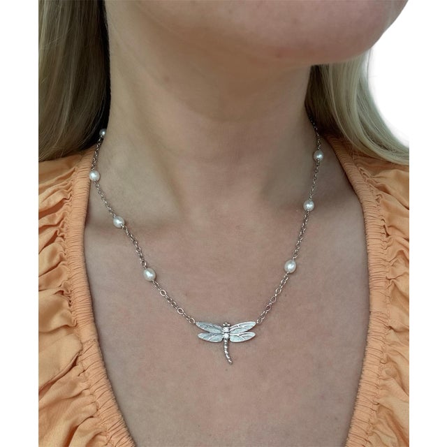 Tiffany and Co. Tiffany & Co. 18 Karat White Gold Diamond and Cultured Pearl Dragonfly Necklace For Sale - Image 4 of 8