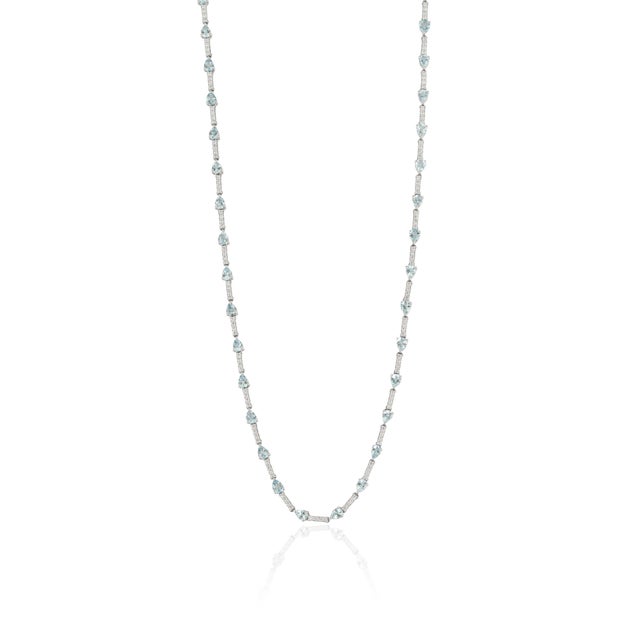 Metal 4.29ct Natural Aquamarine & 1.11ct Diamond Tennis Necklace in 14k White Gold For Sale - Image 7 of 16