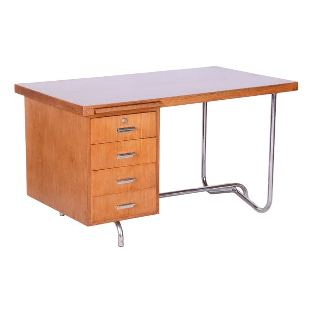 Czech Bauhaus Oak and Chrome Writing Desk by Hynek Gottwald, 1930s For Sale