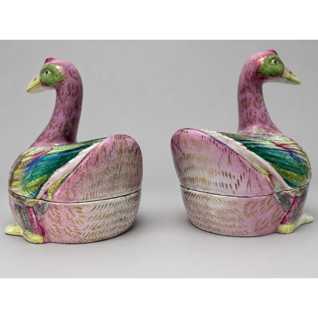 Rose Late 20th Century Chinese Export-Style Famille Rose Armorial Porcelain Duck-Form Covered Tureens - a Pair For Sale - Image 8 of 11
