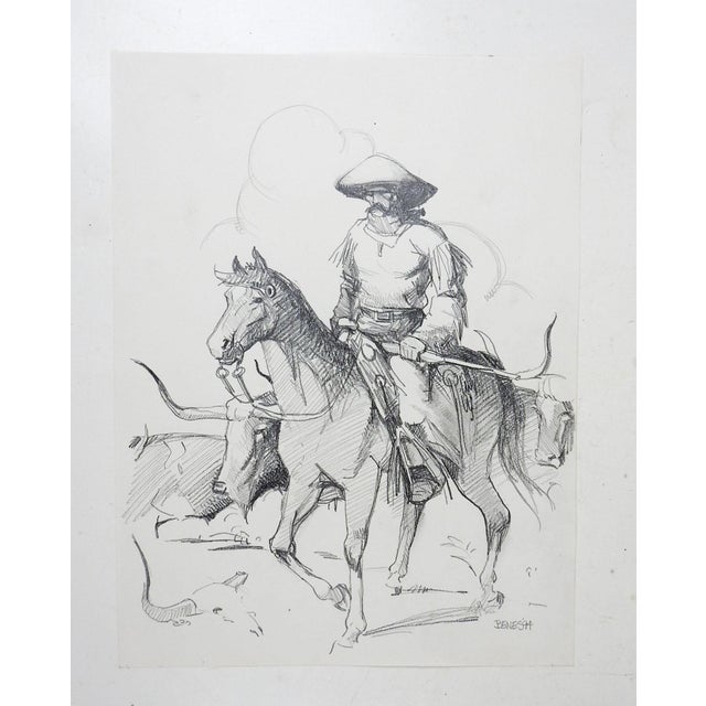 Illustration 1994 Cowboy Horse and Cows Western Drawing For Sale - Image 3 of 3