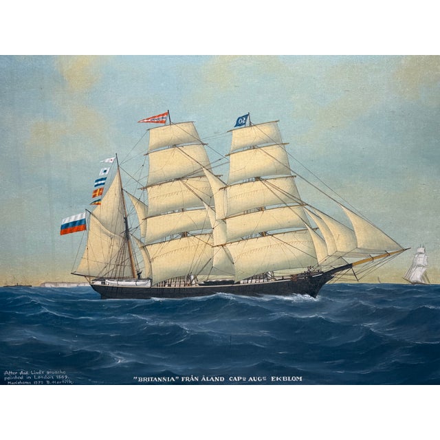 Vintage Maritime Oil Painting of “Britannia of Åland” – Scandinavian Ship Portrait, Baltic Barque, Signed Hartvik After Lind For Sale - Image 11 of 18