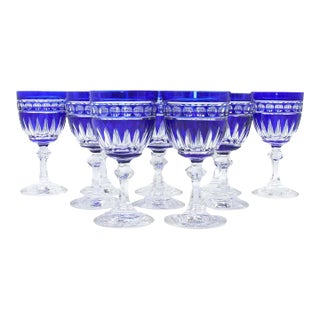 1920s Blue & Clear Cut Crystal Glasses - Set of 10 For Sale