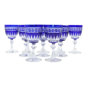 1920s Blue & Clear Cut Crystal Glasses - Set of 10
