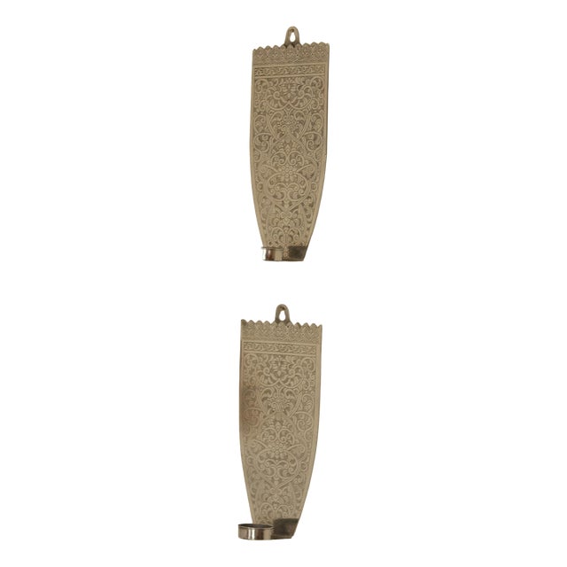 Vintage Engraved Pewter Sconces, Set of 2 For Sale