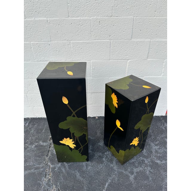 Vintage Asian Floral Lacquer Pedestals - a Pair For Sale In Miami - Image 6 of 10