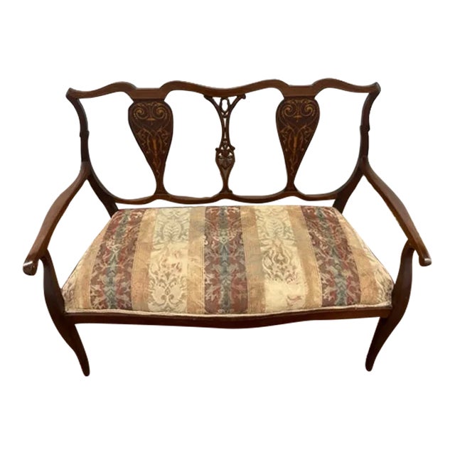 1910s Antique French Turn of the Century Upholstered Bench With Wood Inlay For Sale