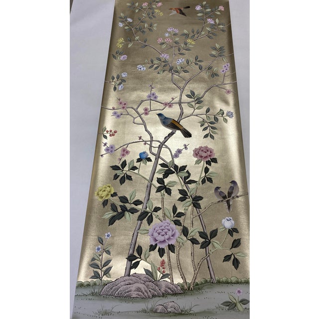 26" X 68" /Panel, Handpainted Chinoiserie on Champagne Metallic Leaf ( No Frame) For Sale - Image 9 of 10