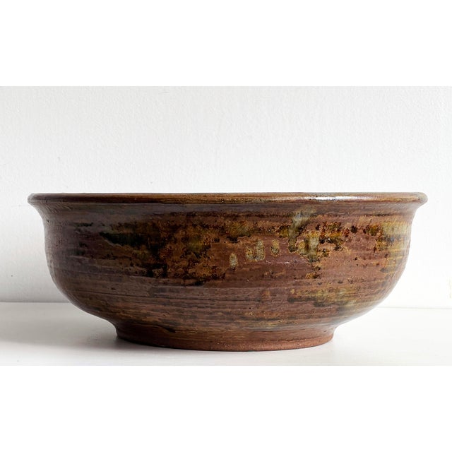 Large Signed Studio Pottery Bowl by John Gasper in Earthy Glaze Tones For Sale - Image 9 of 11