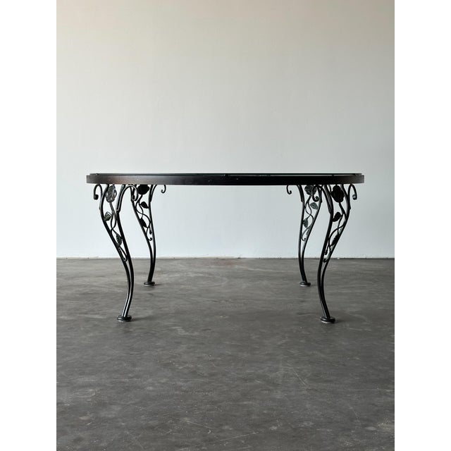 Mid-Century Modern Black Wrought Iron Rose Patio Coffee Table With Round Glass Top by Woodard, Mid-20th Century For Sale - Image 3 of 14