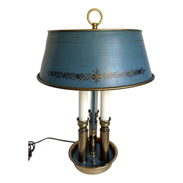 Vintage French Empire Revival Blue Tole and Brass Bouillotte Lamp For Sale