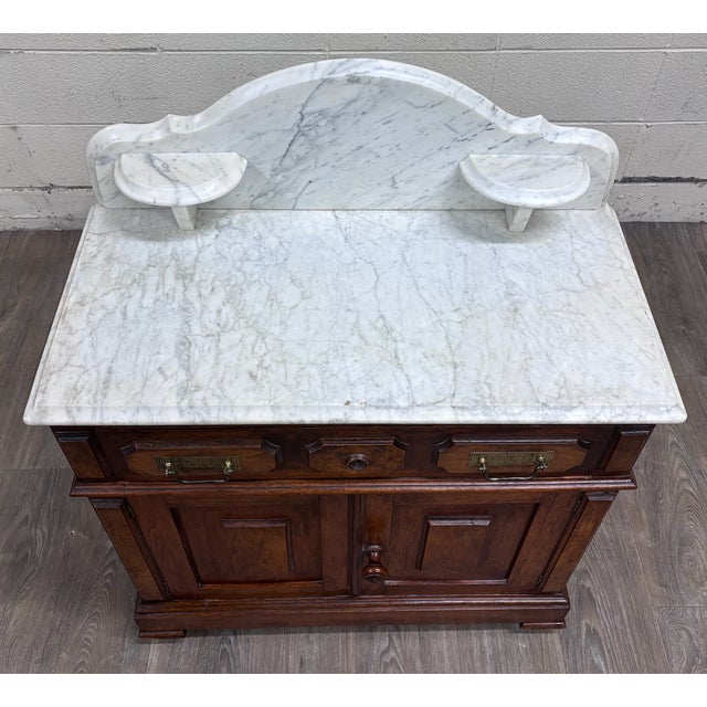 Victorian Antique Late 1800s Victorian Walnut Marble Top Washstand For Sale - Image 3 of 12