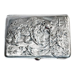 Exceptional Art Nouveau Antique Cigarette Case 875 Sterling Silver Bear Design Ruby Eyes Diamond Accent For Sale