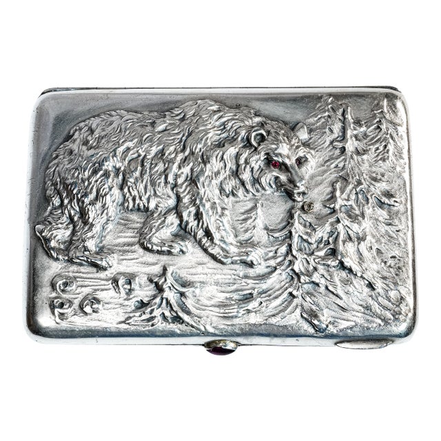 Exceptional Art Nouveau Antique Cigarette Case 875 Sterling Silver Bear Design Ruby Eyes Diamond Accent For Sale