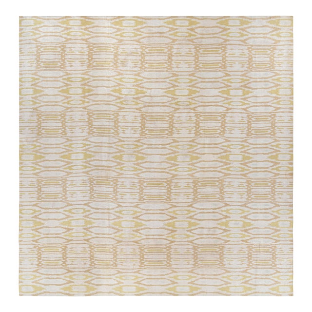 Rug & Kilim’s Modern Square Kilim With Beige, Gold, and White Ikats Pattern For Sale