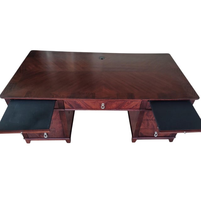 Restored French Art Deco Executive Desk | 72" Sunburst Veneer Pedestal Desk For Sale - Image 13 of 16
