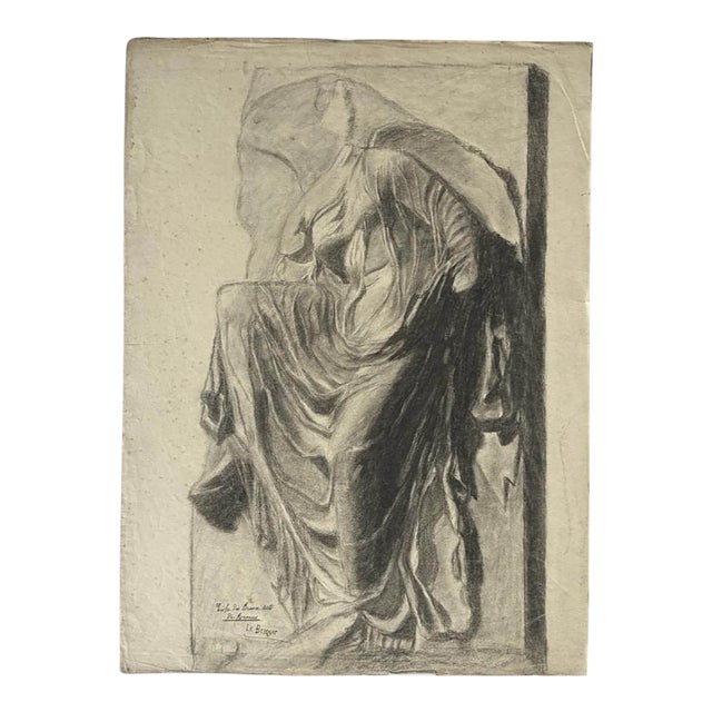Antique French Beaux Arts Charcoal Study of ‘Nike Adjusting Her Sandal,’ Signed (Charcoal on Wove Paper) For Sale