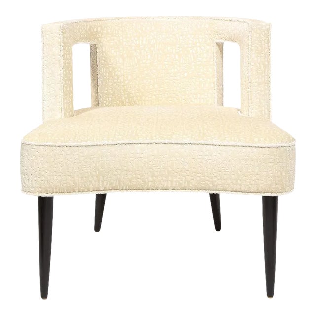 Mid Century Modern Cutout Barrel Back Chair in Pearl Holly Hunt Ecriture Velvet For Sale