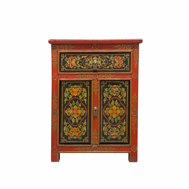 Tibetan Oriental Black Orange Red Floral End Table Nightstand For Sale In San Francisco - Image 6 of 6