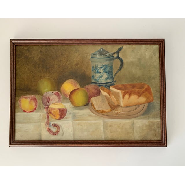 Antique Original Oil on Canvas Still Life with Bread and Apples A beautiful depiction of an interior table scene. Classic...