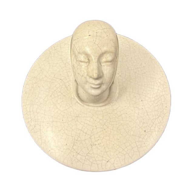 Antique 1930s Art Deco Earthenware Powder Box With Female Bust Handle - Made in Japan For Sale - Image 4 of 9