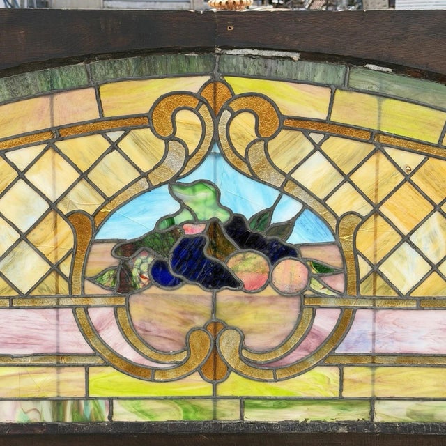 Early 20th Century Antique Art Nouveau Colored Stained Glass Fruit 27 X 75 Arched Transom Window, B For Sale - Image 5 of 18