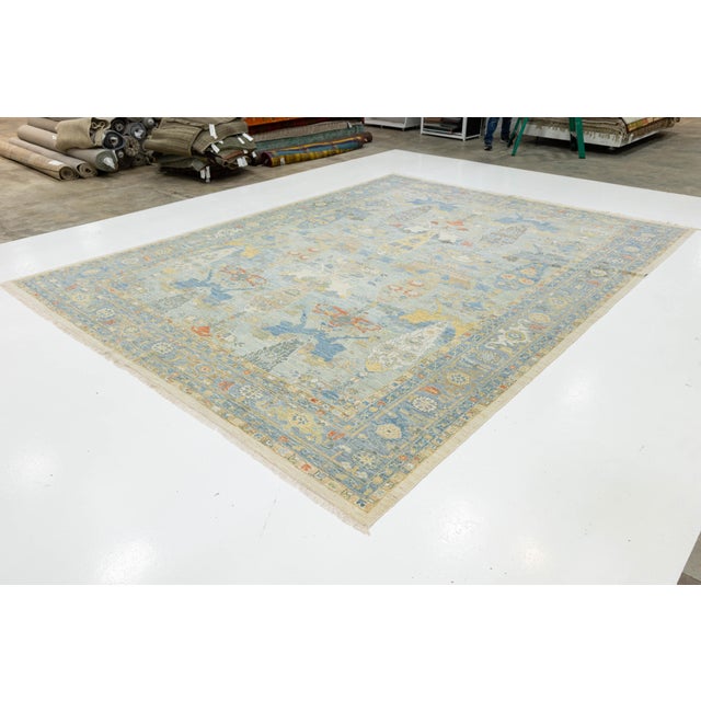 2010s 12 X 16 Modern Sultanabad Hand-Knotted Wool Rug – Sky Blue & Goldenrod Floral For Sale - Image 5 of 11
