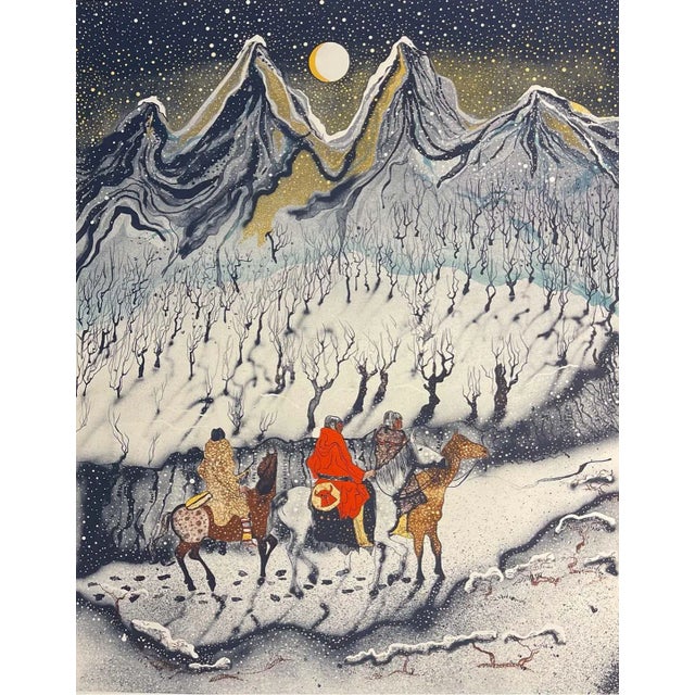 Paper 1980s C J Wells "Cold Snow Moon" Hand Signed Lithograph Mountains Native Themed For Sale - Image 7 of 8